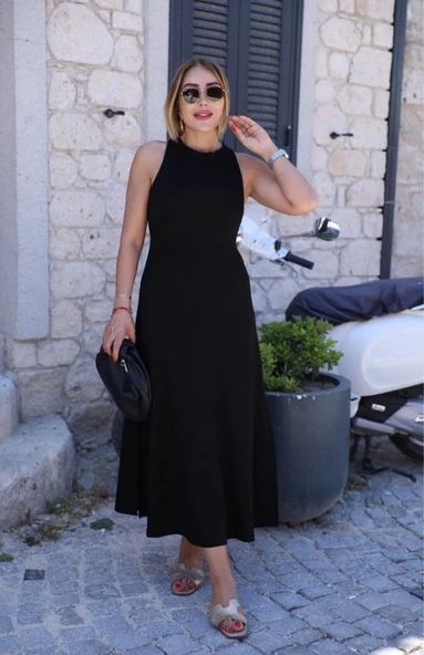 Kadın Omuzlardan Açık Arkadan Aksesuar Detaylı Yırtmaçlı Janjan Krep Elbise - Resim 3