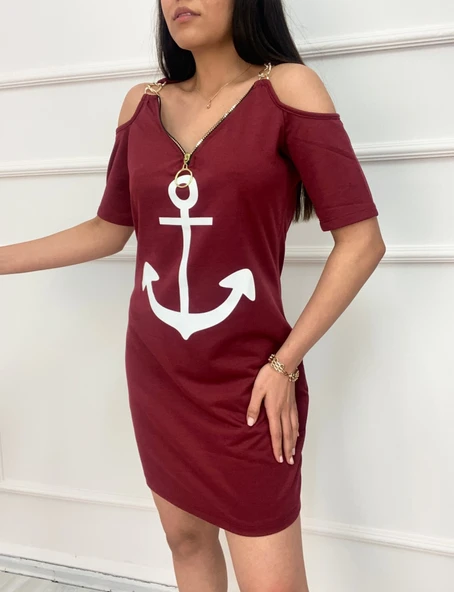 Fermuar Detay çıpa Baskılı Zincir Askılı Iki Iplik Elbise - Bordo - Resim 2