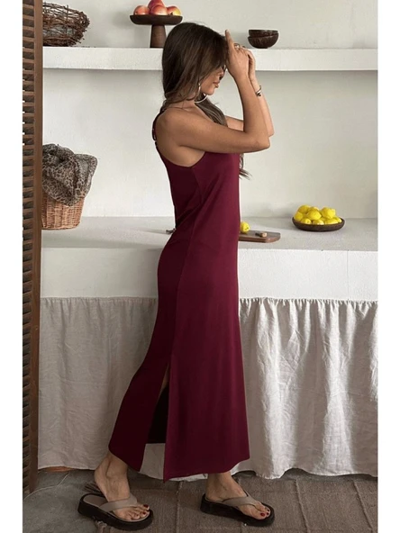 Kadın Siyah Asansör Askılı Çift Yırtmaçlı Helen Elbise - Resim 5