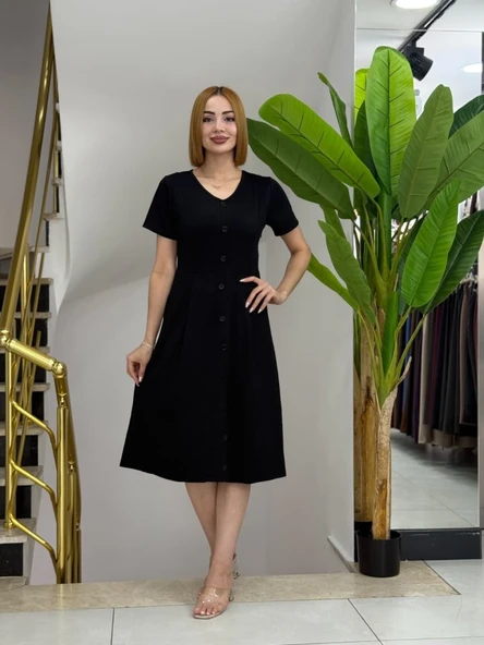 Kadın Kısa Kollu V Yakalı önden Düğmeli A Kesim Dokuma Elbise ürün görseli