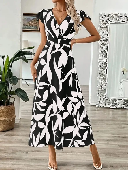 Kadın Kısa Kelebek Kollu Kruvaze Yaka Desenli Süprem Elbise - Resim 5