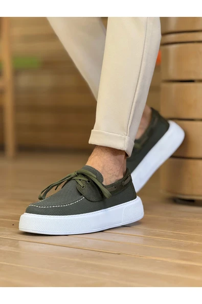 Pabucmarketi Bağcıklı Triko Erkek Casual Ayakkabı Haki - Resim 3