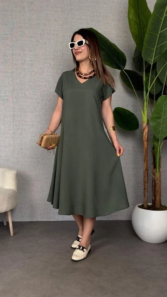 Kadın Kısa Kollu V Yaka Salaş Maxi Boy Elbise - Resim 2