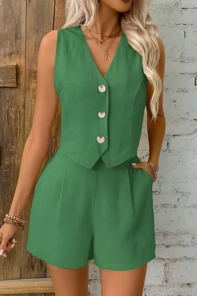 Kadın Kolsuz Askılı V Yakalı önden Düğmeli Ithal Keten Ceket Ve Short Ikili Takım ürün görseli