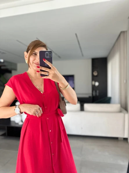 Kadınn V Yaka Düğme Detay Kuşak Dahil Elbise - Resim 2