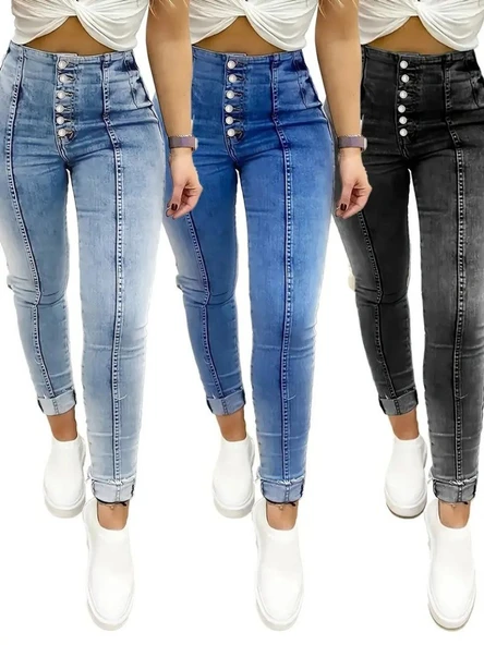 Kadın Yüksek Bel önden Düğmeli Jean Pantolon - Resim 4