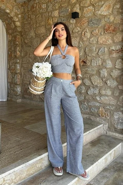 Vesna Keten Çizgili Crop Takım 9806-0025 - Resim 2