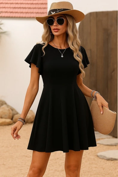 Kadın Kısa Kelebek Kollu Bisiklet Yaka Janjan Krep Elbise ürün görseli