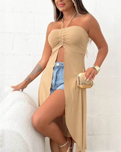 Kadın Straplez Boyundan Askılı Midi Bluz - Resim 4