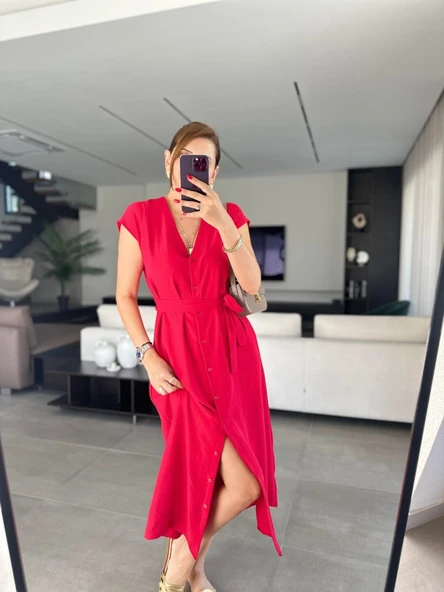 Kadınn V Yaka Düğme Detay Kuşak Dahil Elbise - Resim 3