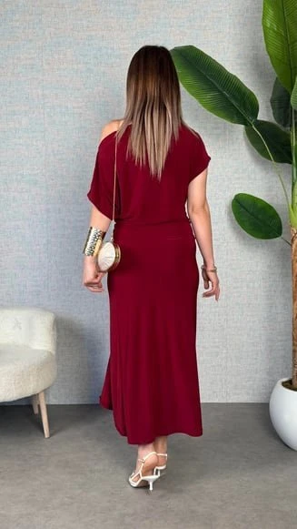 Kadın Kısa Kollu Tek Omuzdan Açık Beli Lastikli Sandy Maxi Elbise - Resim 4