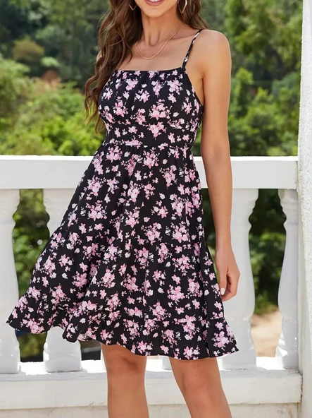 Kadın Askılı çiçek Desenli Süprem Mini Elbise - Resim 4