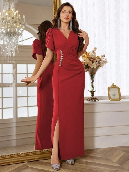 Kadın Kısa Kollu Kruvaze Yakalı Belden çiçek Aksesuarlı Yırtmaçlı Ithal Krep Elbise ürün görseli