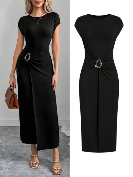 Kadın Yarım Ay Kollu Yuvarlak Yaka önünde Toka Detaylı Modal Maxi Elbise - Resim 5