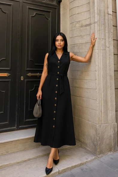 Kadın Düğme Detay Kuşak Dahil Elbise ürün görseli