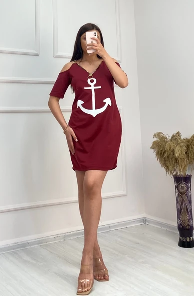 Fermuar Detay çıpa Baskılı Zincir Askılı Iki Iplik Elbise - Bordo - Resim 5