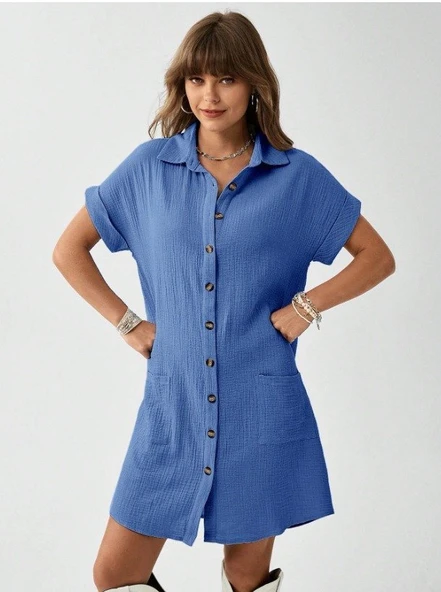 Kadın Cep Detay Müslin Kumaş Mini Gömlek Elbise - Resim 2