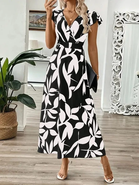 Kadın Kısa Kelebek Kollu Kruvaze Yaka Desenli Süprem Elbise - Resim 3