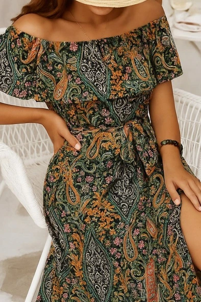 Kadın Kısa Kollu Madonna Yaka Fırfırlı Belden Yırtmaçlı Maksi Süprem Elbise - Resim 2