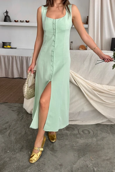 KETEN KOLSUZ KARE YAKA DÜĞME DETAYLI ELBİSE - Mint - Resim 2