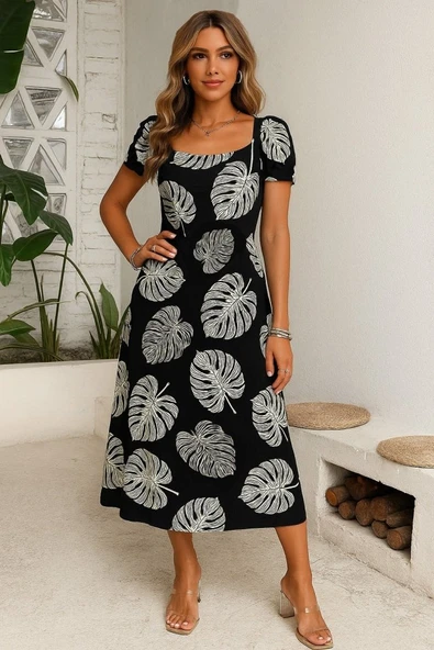 Kadın Kısa Kollu Geometrik Yaka Yırtmaçlı Puantiyeli Midi örme Krep Elbise ürün görseli