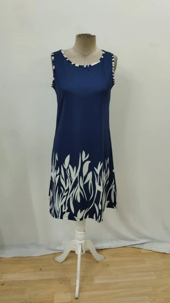 Kadın Askılı Yuvarlak Yakalı Yaprak Desenli Dalgıç Elbise - Resim 5