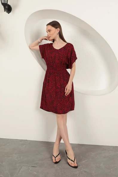 Viskon Kumaş Desenli Elbise-Kırmızı ürün görseli