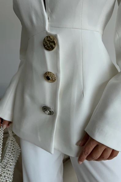 TASARIM CEKET-PANTOLON TAKIM METAL DÜĞME DETAYLI - Beyaz - Resim 3