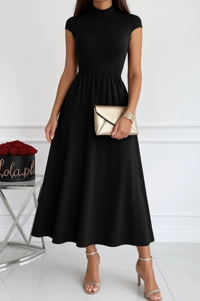 Kadın Kısa Kollu Yarı Balıkçı Yaka Viskon Elbise ürün görseli