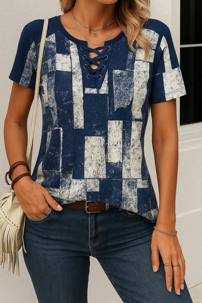 Kadın Kısa Kollu Yakası Bağcıklı Kuş Gözü Detay Süprem Bluz ürün görseli