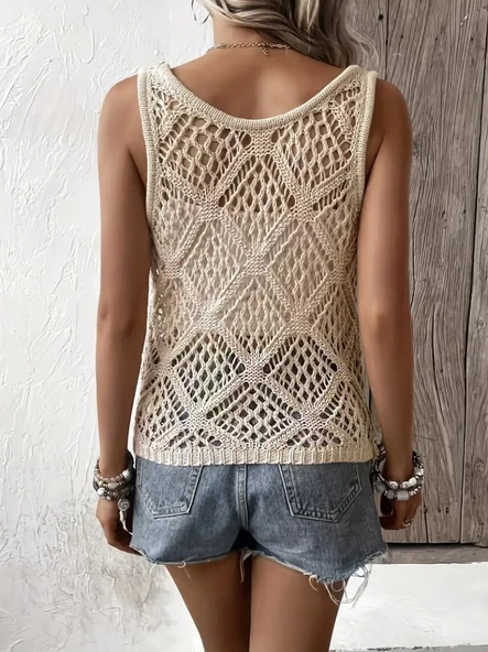 Kadın Askılı Yuvarlak Yaka Geometrik Desenli Triko Bluz - Resim 2