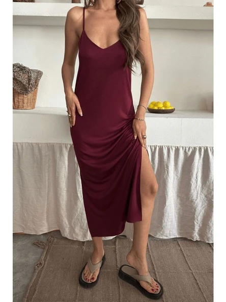 Kadın Siyah Asansör Askılı Çift Yırtmaçlı Helen Elbise - Resim 2