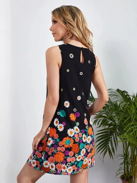 Kadın Sıfır Kollu Bisiklet Yaka çiçek Desenli Süprem Mini Elbise - Resim 5