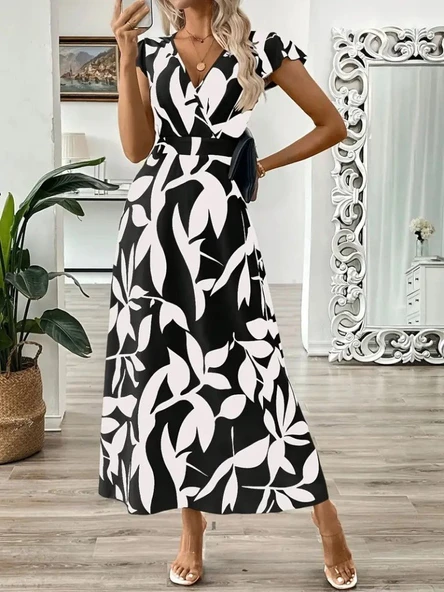 Kadın Kısa Kelebek Kollu Kruvaze Yaka Desenli Süprem Elbise - Resim 2