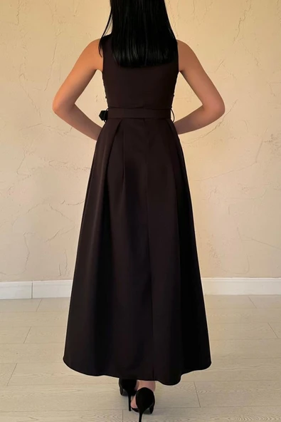 Siyah Önü Dantel Detaylı Kemerli Elbise - Resim 4