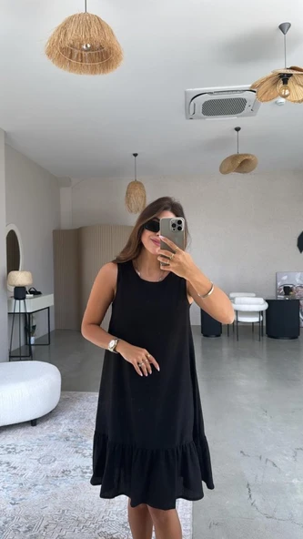 Kadın Bisiklet Yaka Eteği Volanlı Bürümcük Elbise - Resim 2