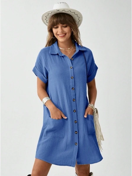 Kadın Cep Detay Müslin Kumaş Mini Gömlek Elbise - Resim 3