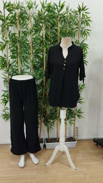 Kadın Kısa Kollu V Hakim Yaka Düğmeli Bürümcük Bluz Ve Pantolon Ikili Takım - Resim 7