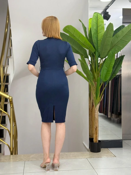 Kadın Kısa Kollu Yakalı Kruvaze Yakalı Beli Kemerli Midi Modal Elbise - Resim 4