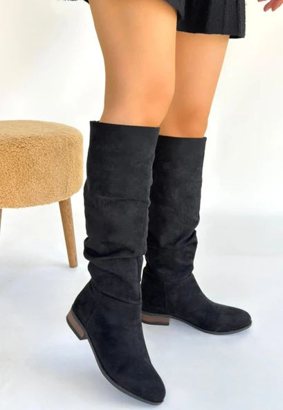 Pabucmarketi Siyah Süet Körüklü Kadın Topuklu Çizme - 3