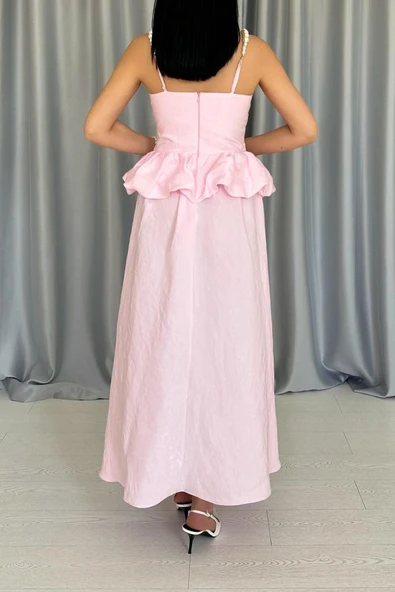 Pembe Beli Büzgülü İnci Askılı Uzun Elbise - Resim 4