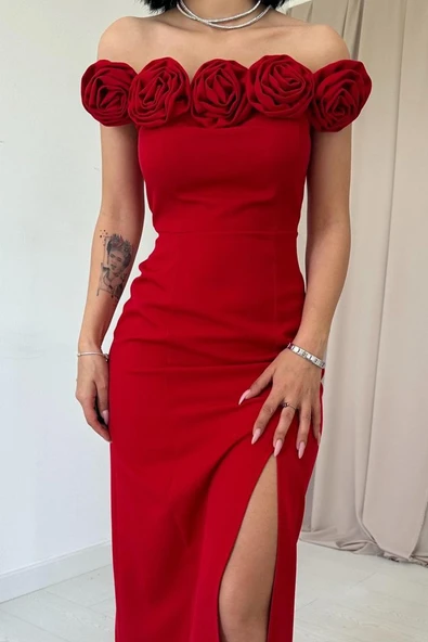 Kırmızı Madonna Yaka Güllü Elbise - Resim 3