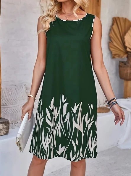 Kadın Askılı Yuvarlak Yakalı Yaprak Desenli Dalgıç Elbise - Resim 2