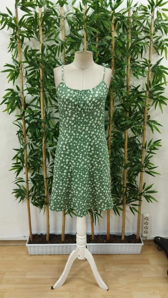 Kadın Ip Askılı Omuzlardan Bağcıklı çiçek Desenli Süprem Elbise - Resim 7