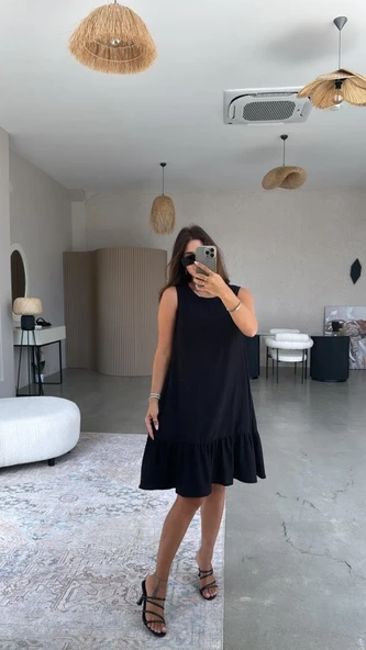 Kadın Bisiklet Yaka Eteği Volanlı Bürümcük Elbise - Resim 3