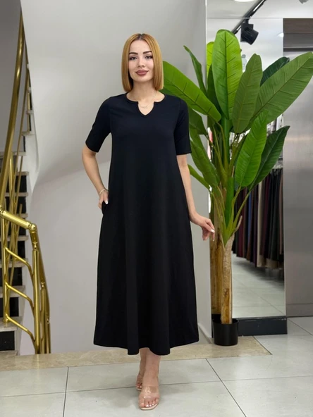 Kadın Kısa Kollu V Yakalı Cep Detaylı Uzun Janjan Krep Elbise - Resim 2