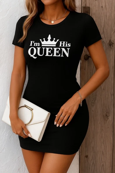 Kadın Kısa Kollu Queen Baskı Iki Iplik Mini Elbise ürün görseli