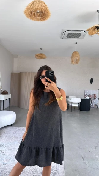 Kadın Bisiklet Yaka Eteği Volanlı Bürümcük Elbise - Resim 2