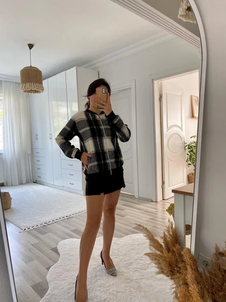 Kadın Uzun Kollu önden Fermuarlı Ekose Desenli Ceket - Resim 6