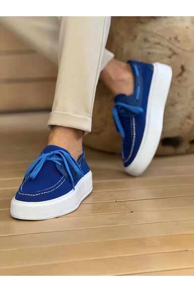 Pabucmarketi Bağcıklı Triko Erkek Casual Ayakkabı Mavi - Resim 2